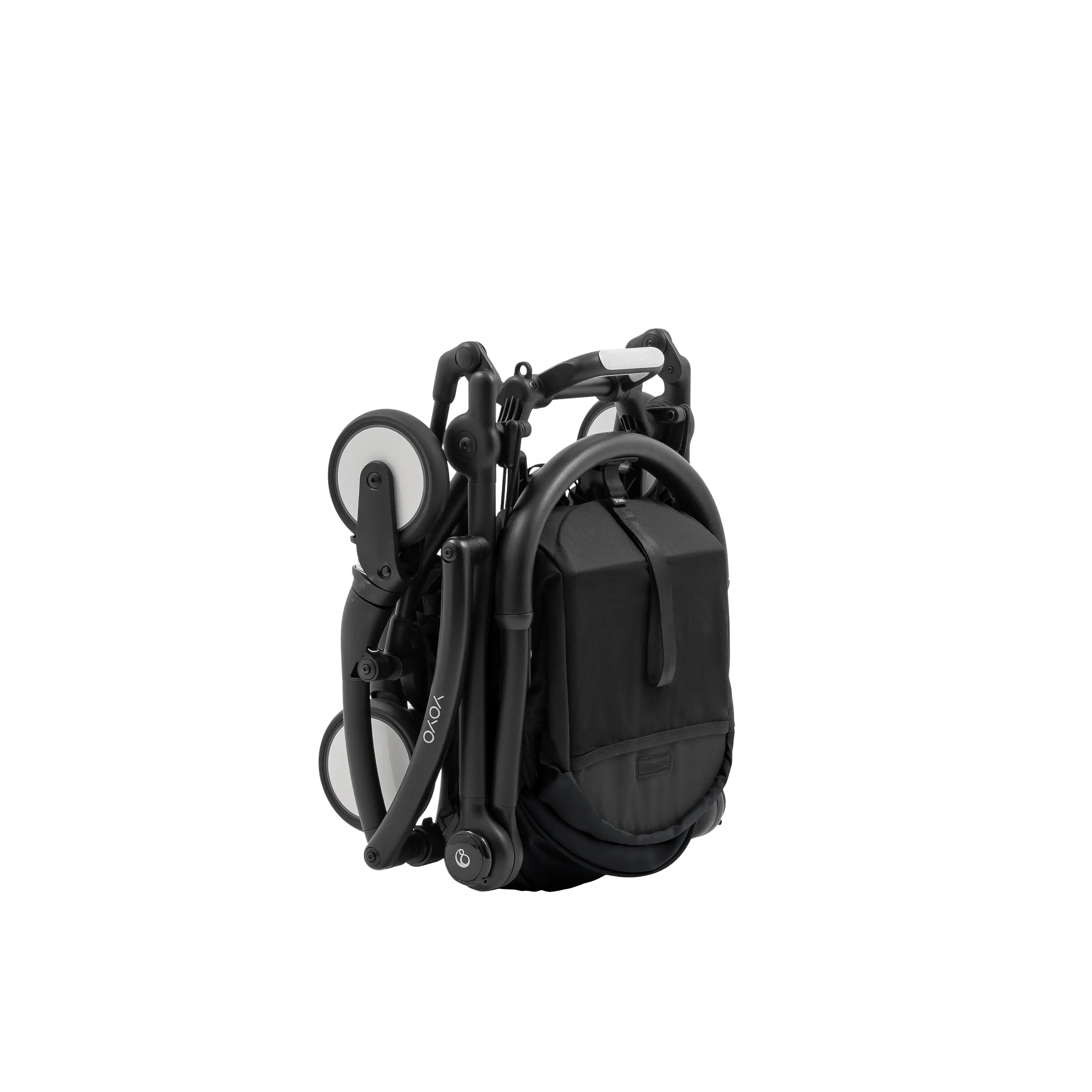 A product shot of a black Stokke YOYO5 stroller folded compact at an angle on a plain white background.
