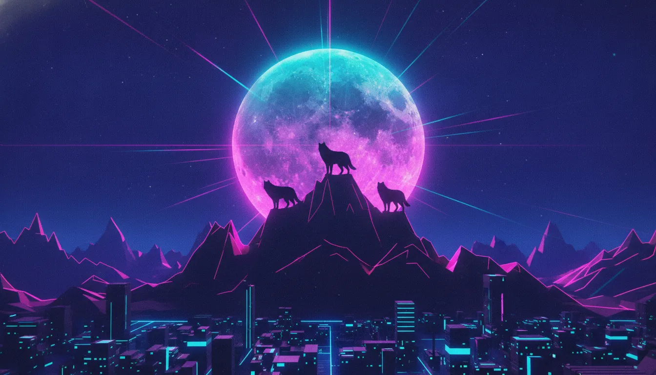 Synthwave hero background — deep midnight indigo sky with a massive glowing moon, electric cyan and hot magenta light rays, wolves silhouetted on a mountain ridge, dramatic and cinematic, dark image
