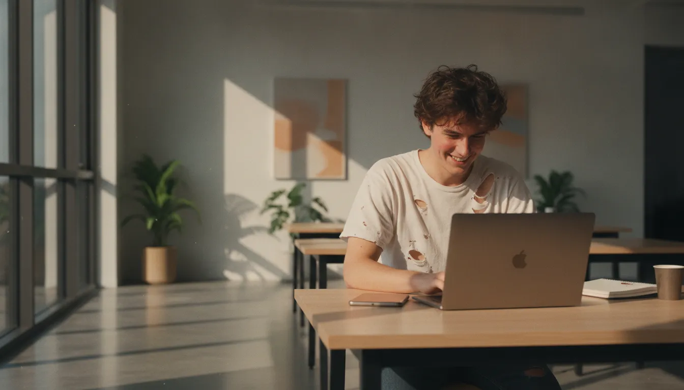A lifestyle shot of a person in a heavily faded, hole-worn vintage cotton t-shirt sitting at a desk in a bright modern office, looking slightly embarrassed, warm morning light, candid and dry-humoured mood.