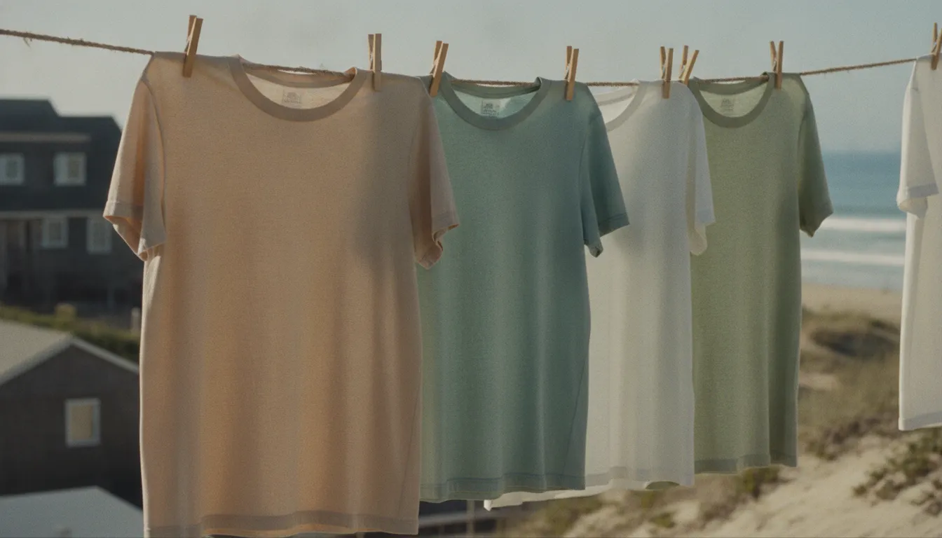 A lifestyle shot of a row of faded, well-worn vintage t-shirts hanging on a washing line outdoors on a hazy summer day, pastel sandy and sage tones, soft bleached sunlight, nostalgic beach-town mood.