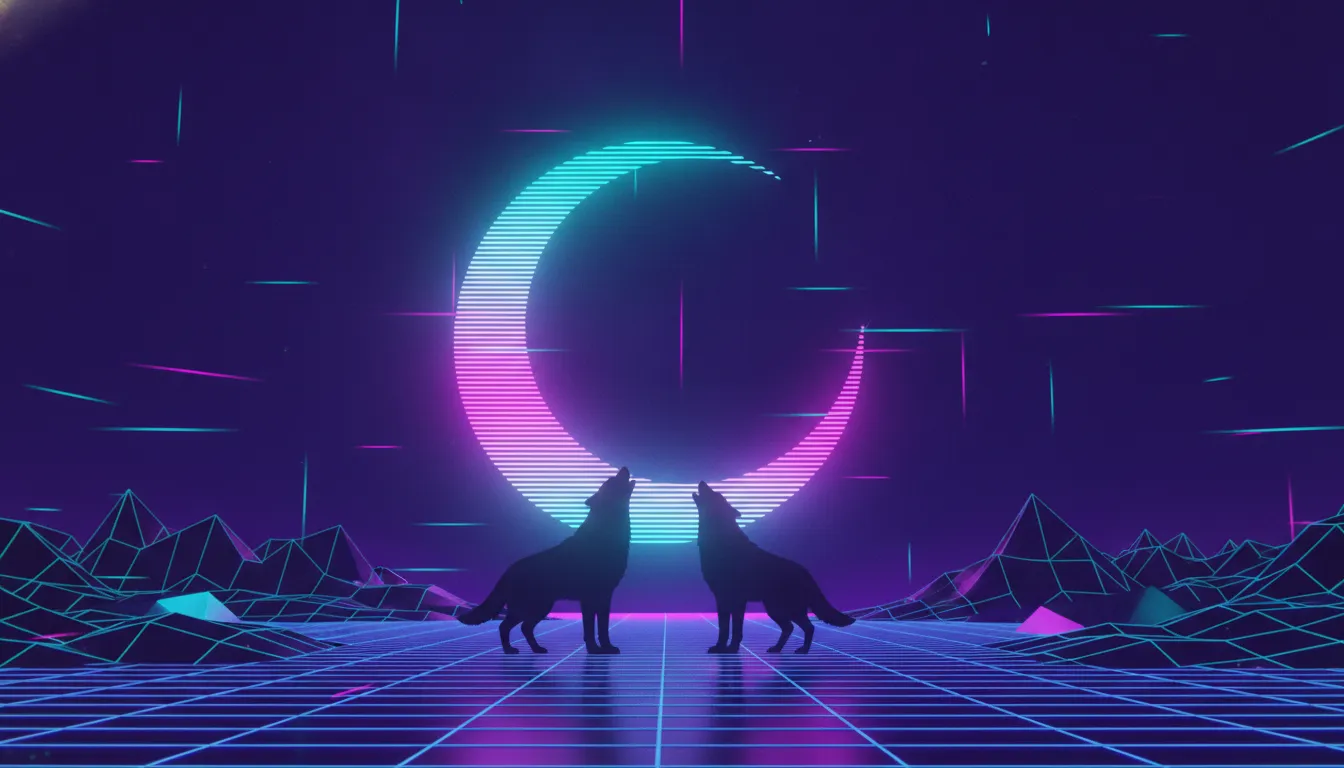 Synthwave dark background with a glowing neon moon, electric cyan and magenta light, wolf silhouettes, dramatic and atmospheric, very dark midnight indigo