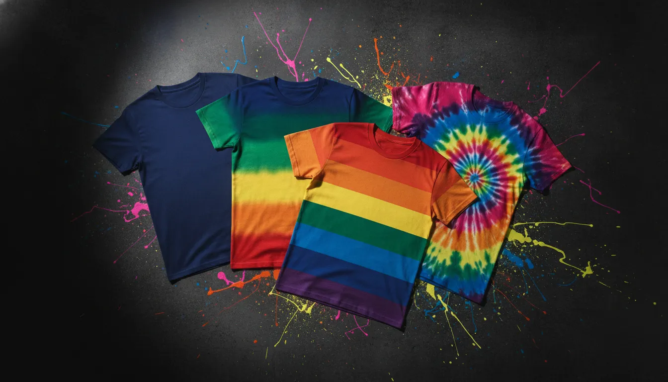 A bold, dark editorial flat-lay of a collection of Rainbow Tees — Blue, Gradient, Pride, and Tie-Dye — arranged on a dark background with vivid splashes of color, dramatic studio lighting, high contrast, attention-grabbing composition