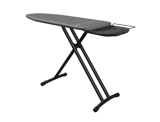 The Laurastar PLUSBOARD ironing board with integrated wheels, showcasing its wide 42 x 125 cm surface covered in dark grey cotton, ready to be moved effortlessly in a UK laundry room, with a steam generator resting on the iron rest.