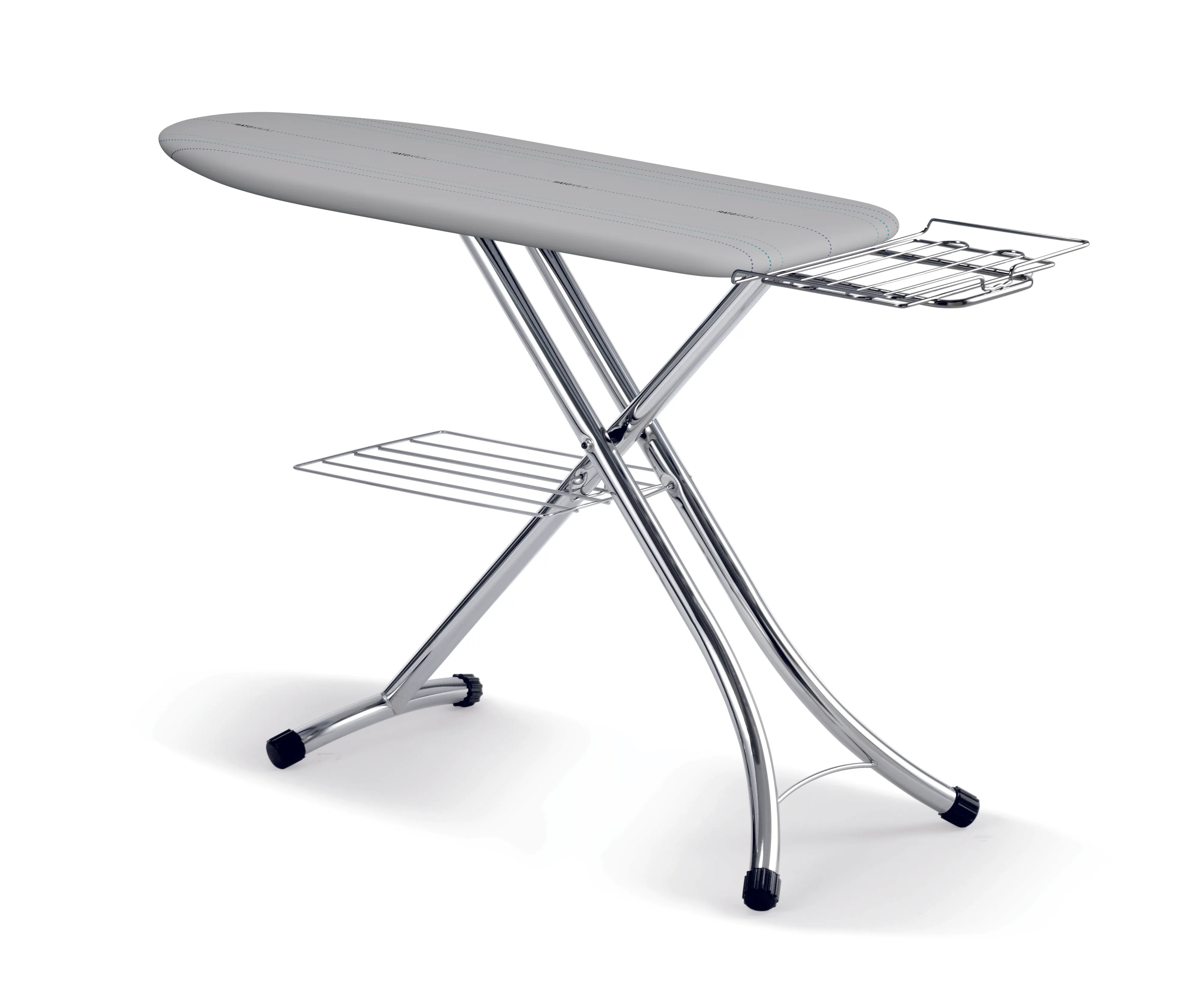 The Laurastar PRESTIGEBOARD ironing board fully set up, showing its extra-wide 40 x 122 cm cotton-covered surface, robust steam station rest and the integrated linen rack, photographed in a well-lit laundry room to highlight its professional and sturdy construction.