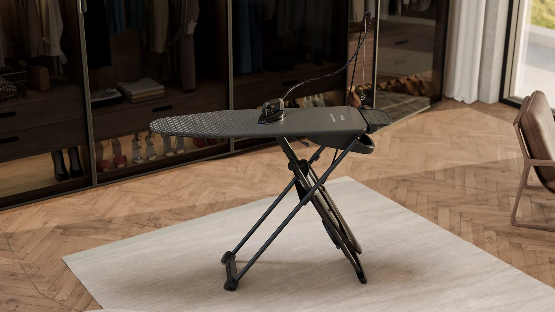 A close-up, cross-section style illustration showing an active ironing board cover inflated by a blower function, with suction arrows indicating vacuum pulling the fabric flat, set against a clean white background representing efficient ironing and crease prevention.