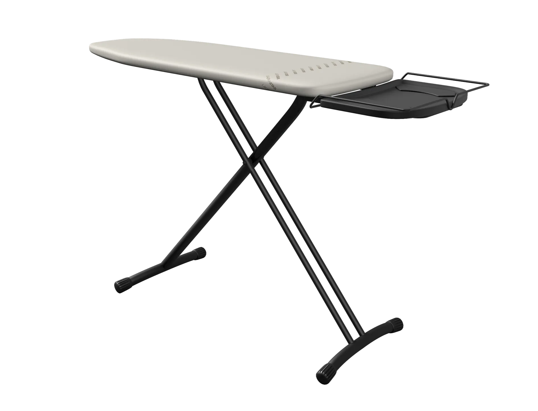 The Laurastar COMFORTBOARD ironing board in beige, with its elegant ergonomic 38 x 120 cm cotton-covered surface and steam generator compatible iron rest, styled in a modern UK laundry room.