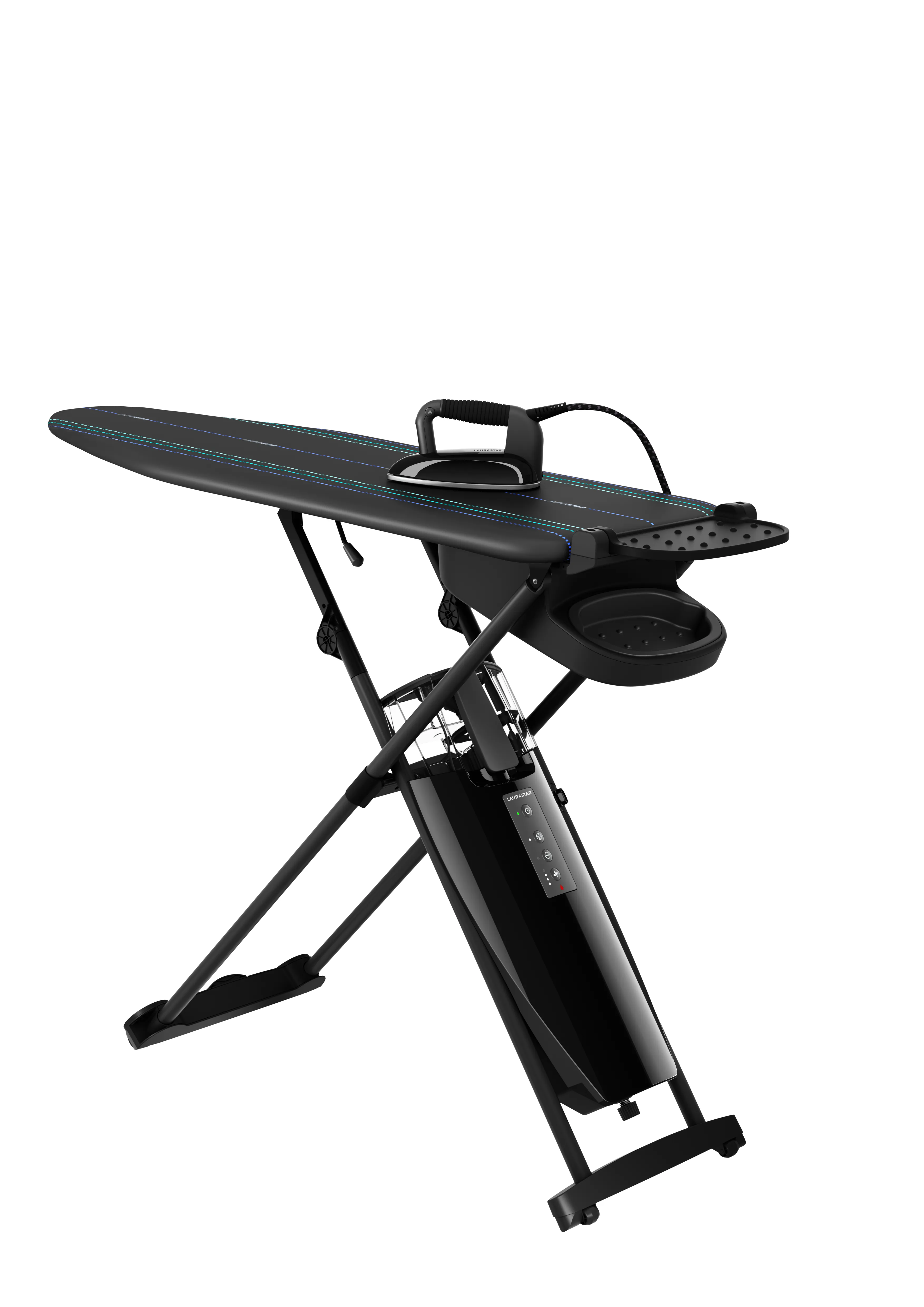 Laurastar SMART U all-in-one ironing system with active board inflated by ActivAir technology, blower and vacuum functions active, professional iron with DMS steam gliding over a white dress shirt, photographed in a bright contemporary UK home setting.