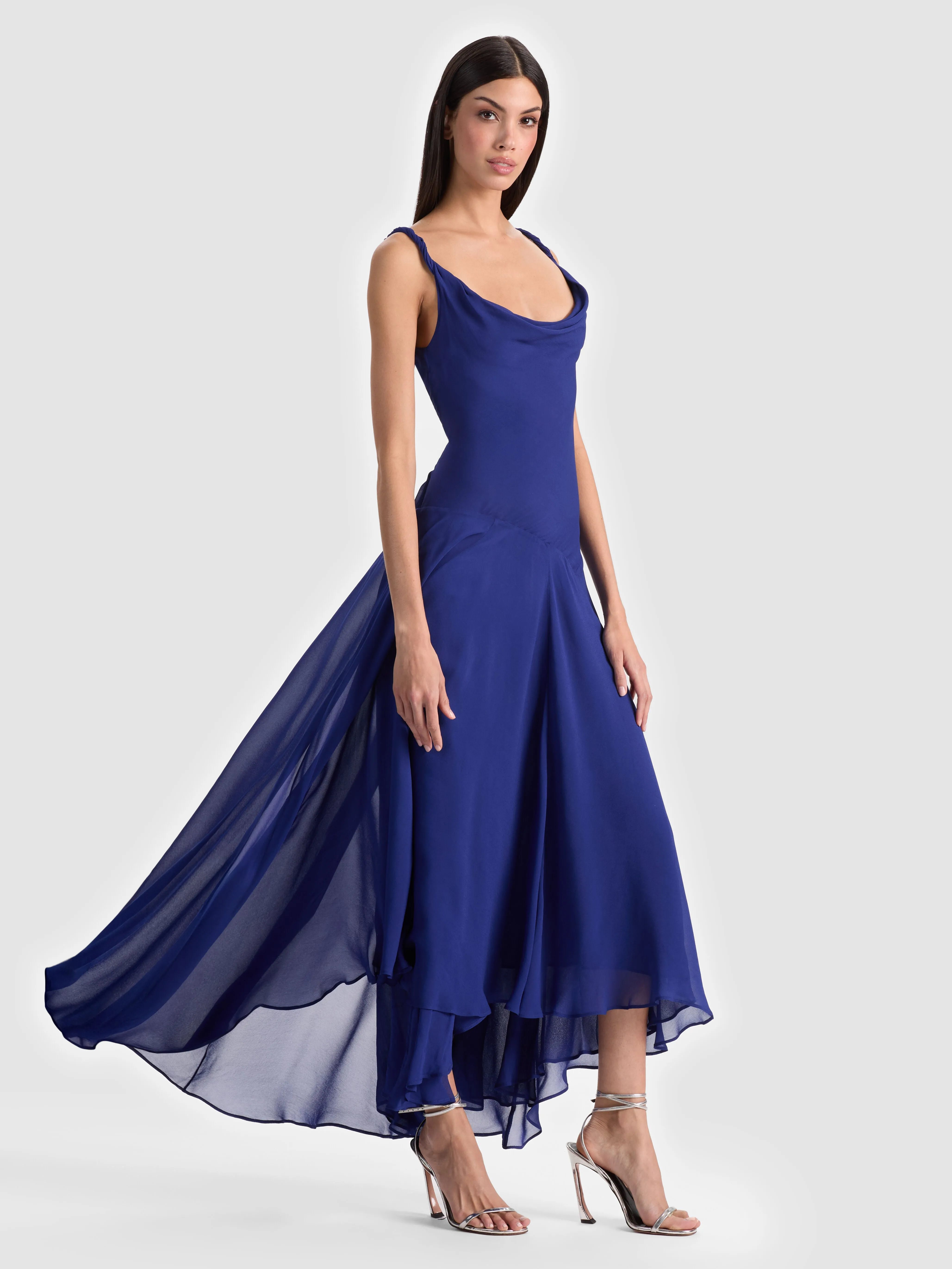 ALICE + OLIVIA Sarika High Low Slip Dress in Blue on Nicole Scherzinger at NYFW