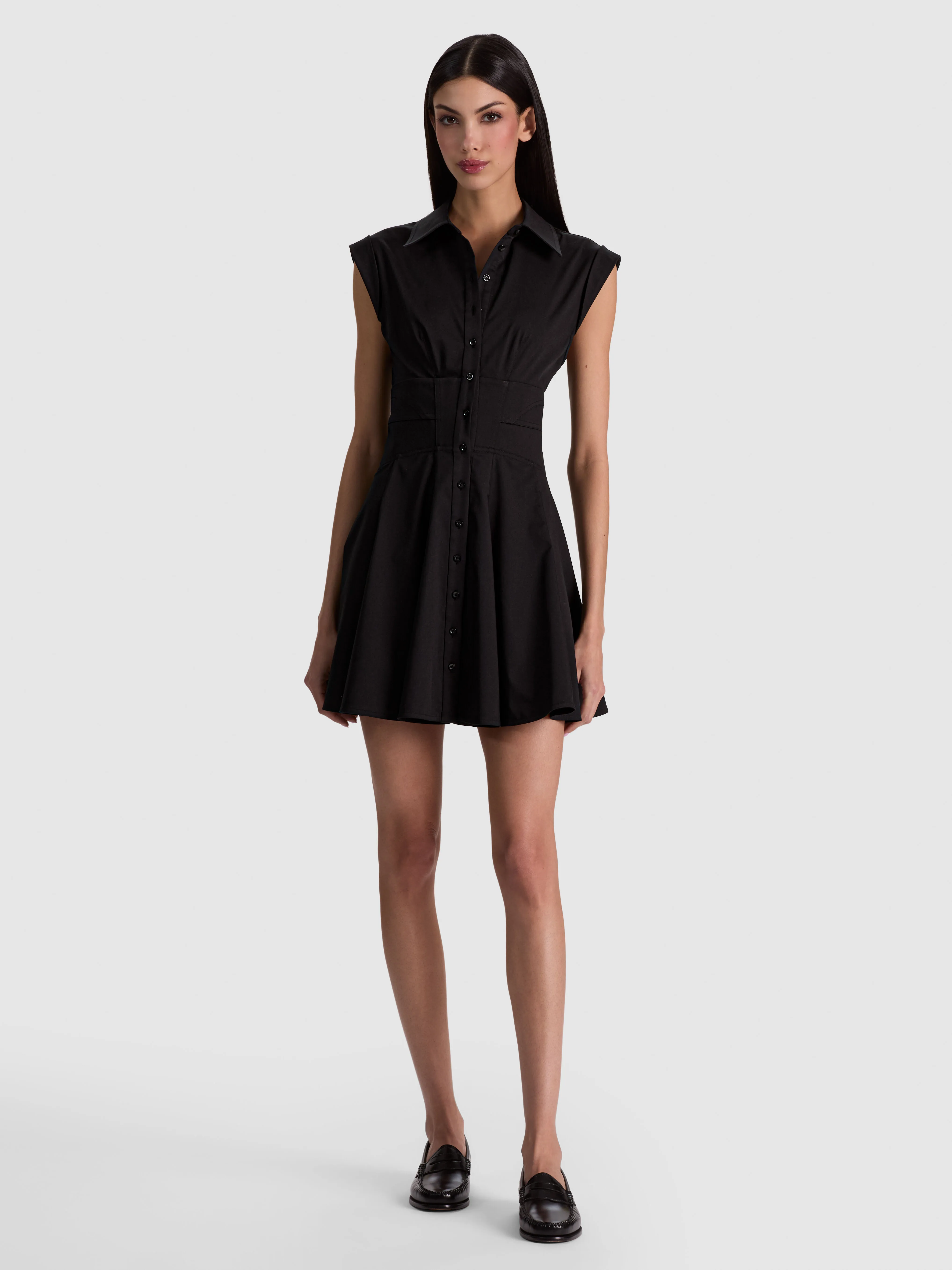 KIM CORSET SHIRT DRESS in Black — sleek, dark black stretch bamboo twill shirting, structured corset bodice with front hook closures and softly flared mini skirt, smocked back detail.