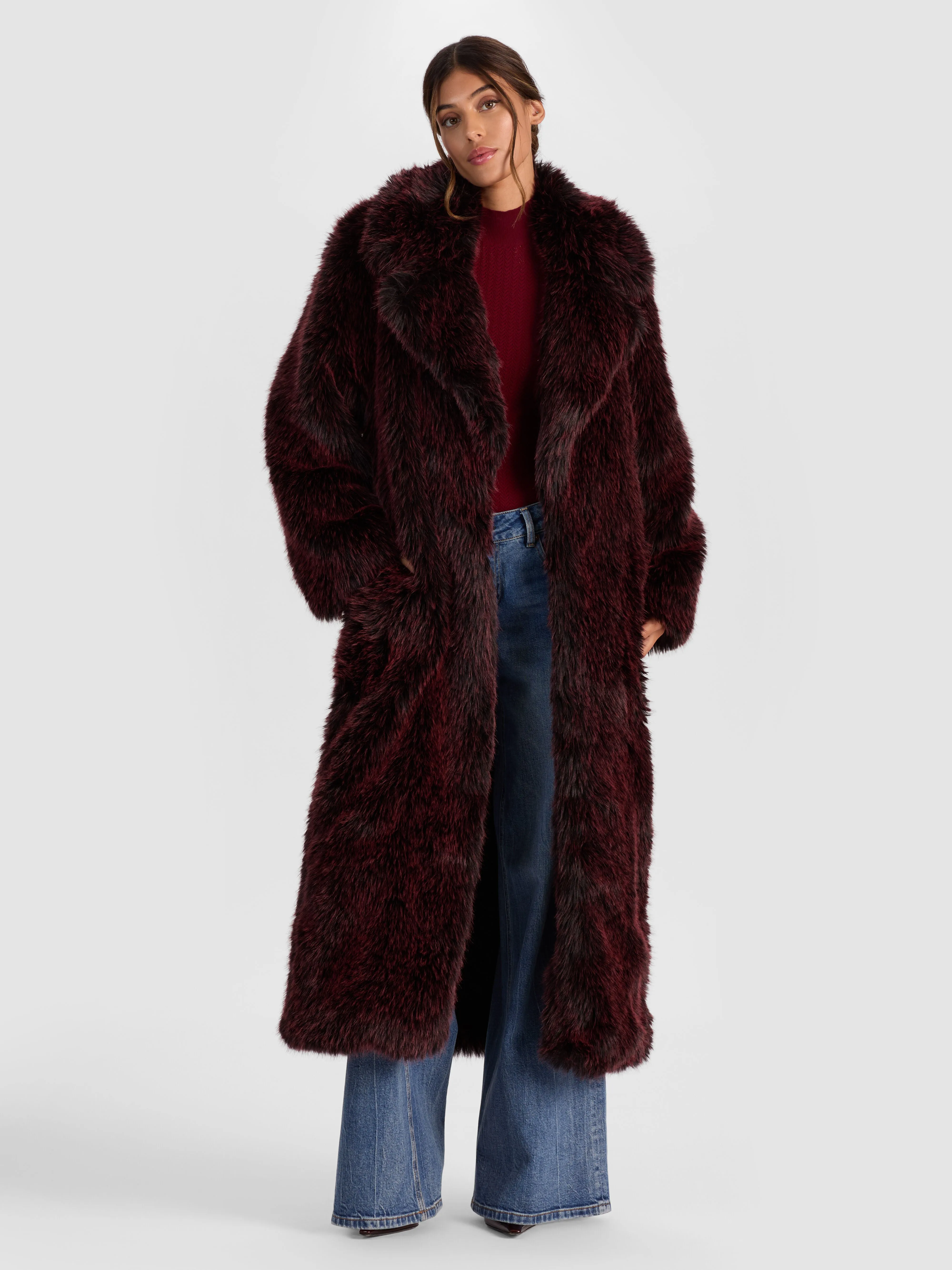 ALICE + OLIVIA Marvin Faux Fur Maxi Coat in tipped faux fox worn by Jess Hart at NYFW