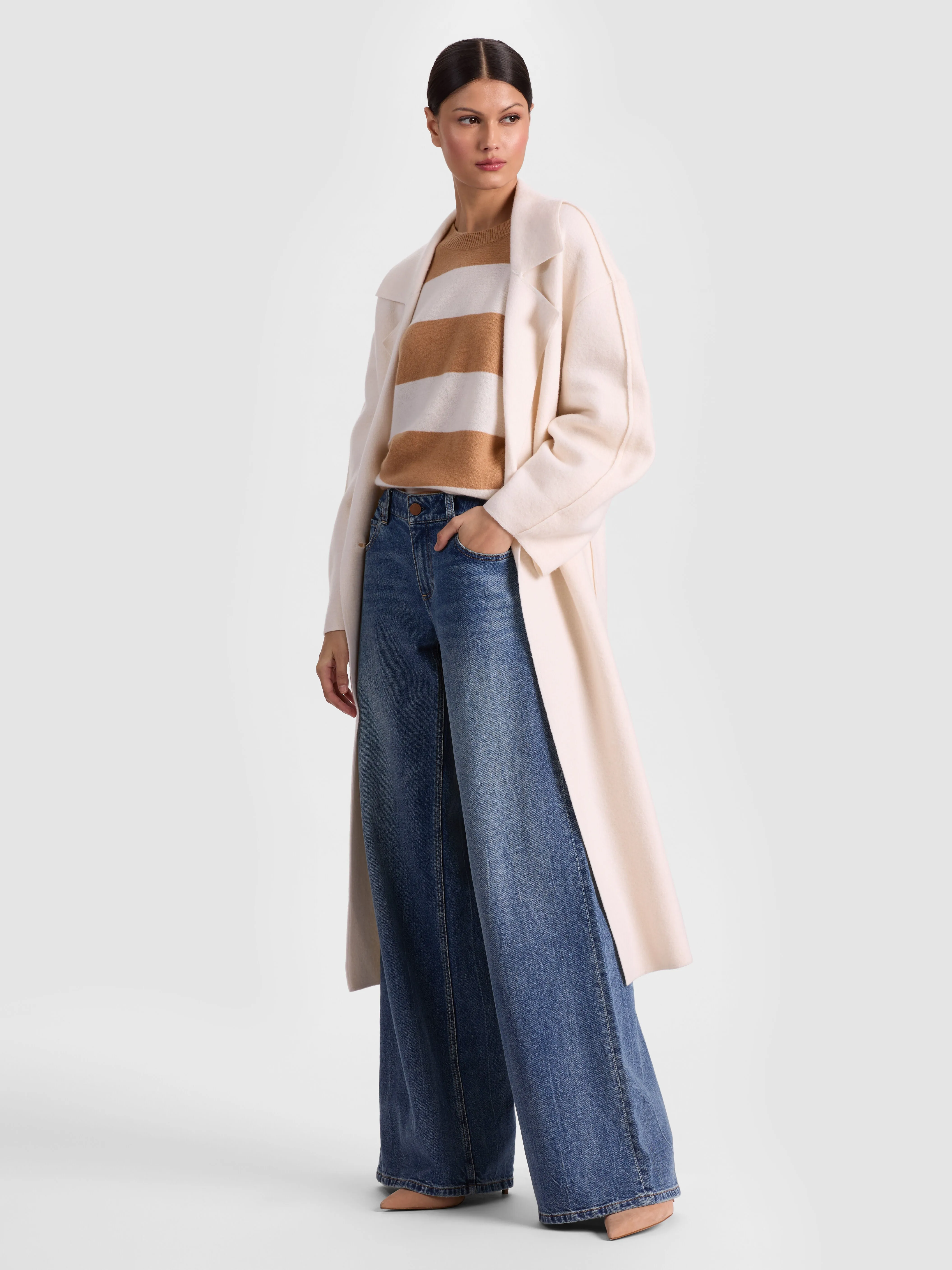 ALICE + OLIVIA Waverly Cocoon Coat in White — merino wool coat with balloon sleeves and mid-length silhouette