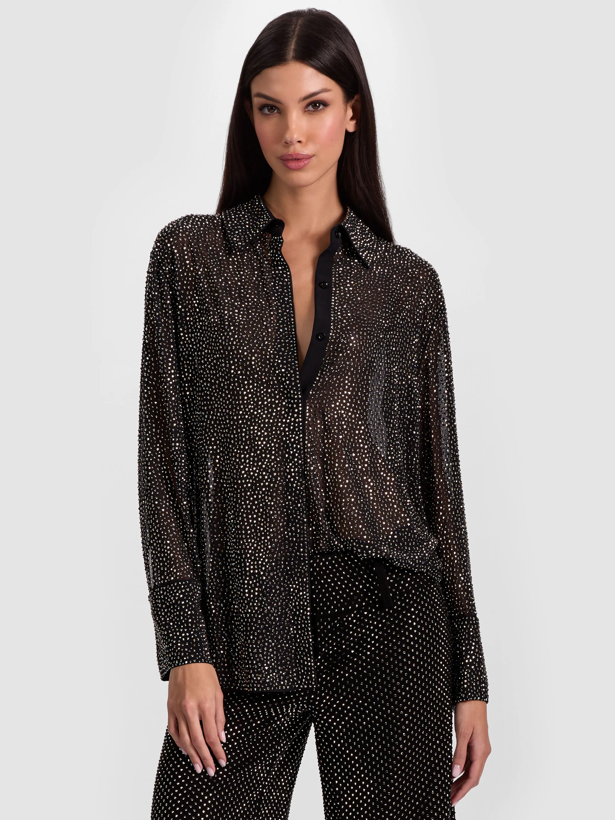 ALICE + OLIVIA Finely Embellished Oversized Button-Down with hematite crystals