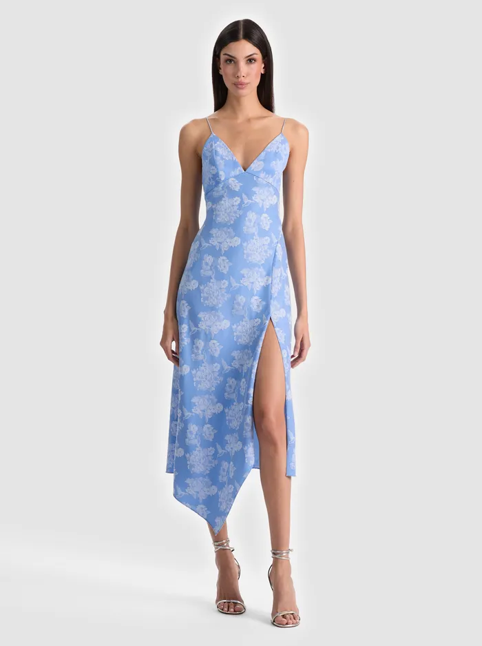 ALICE + OLIVIA Julietta Midi Slip Dress in Carolina Blue — a sleek body-skimming midi slip silhouette with a V-neckline, styled for a polished office-ready look.