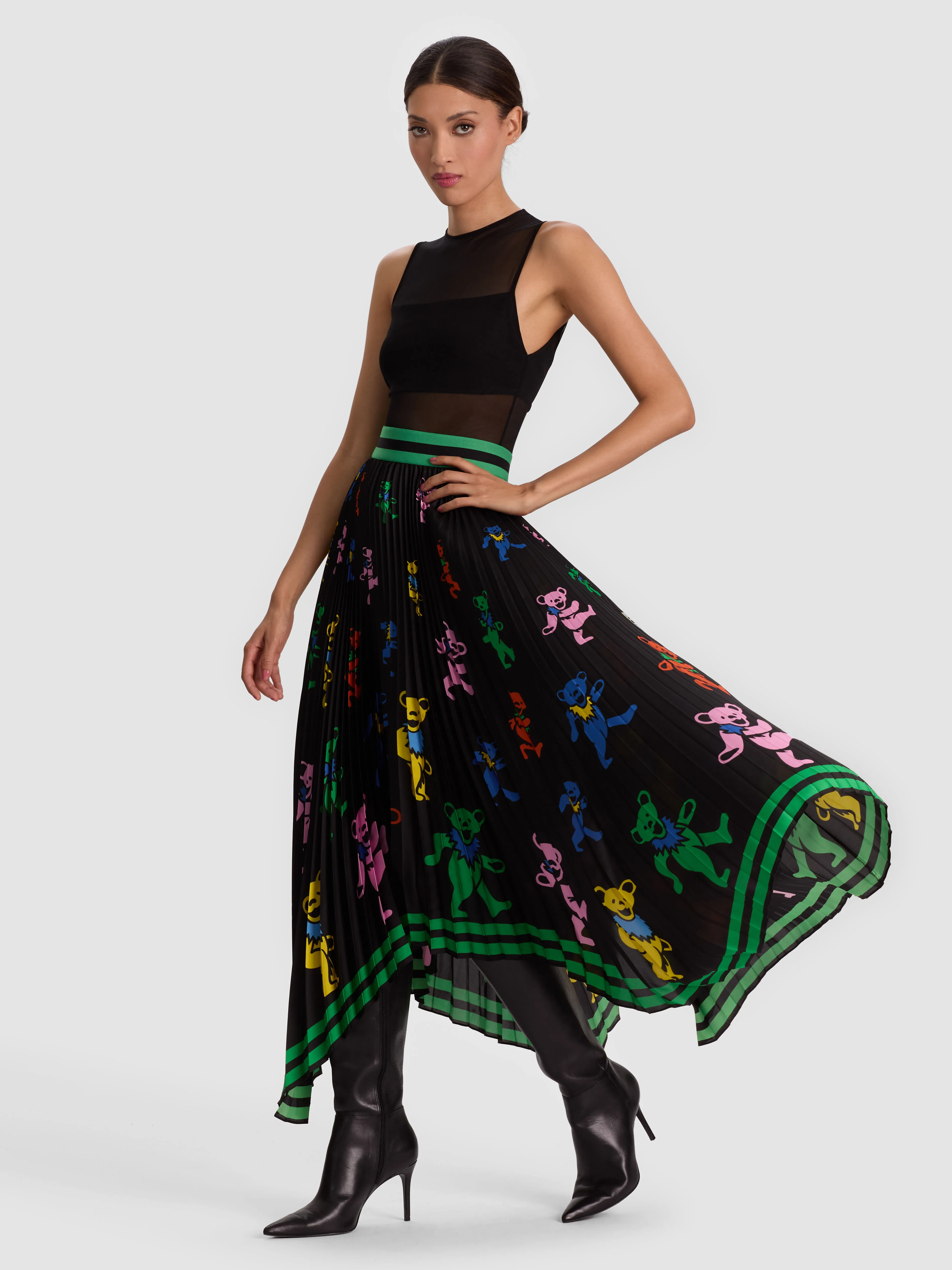 An asymmetrical skirt with an uneven hemline and diagonal cut for a modern, bold statement