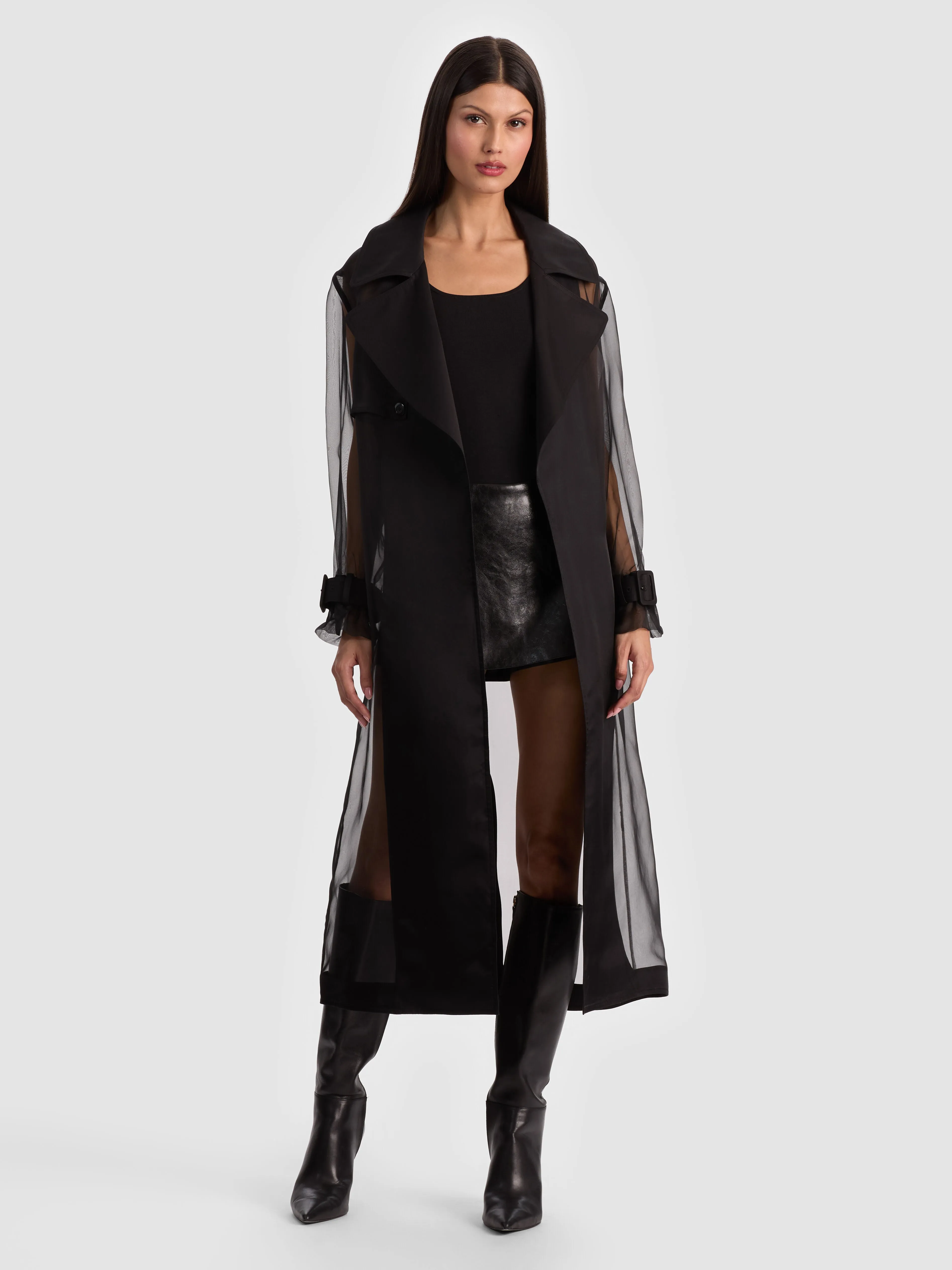ALICE + OLIVIA Silvia Sheer Maxi Trench in Ivory — full-length silk organza trench with cotton twill lapels and belt
