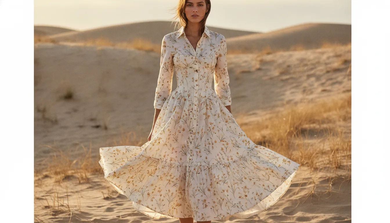 A stunning editorial-style image of a model wearing the KIM CORSET SHIRT DRESS in the Desert Sprigs Vanilla print, standing in a sun-drenched outdoor setting. The image is bright, airy and light-toned with warm golden-hour light. The dress's flared skirt catches the breeze. Clean white space around the edges.