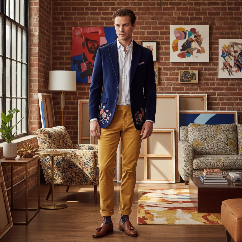 A man wearing a dressy casual outfit: a tailored blazer over a crisp button-down shirt, paired with chinos and loafers — clean lines and refined simplicity.