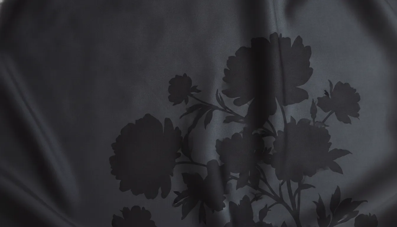 Dark moody editorial background — abstract fashion texture, dark charcoal, with a subtle floral botanical silhouette overlay.