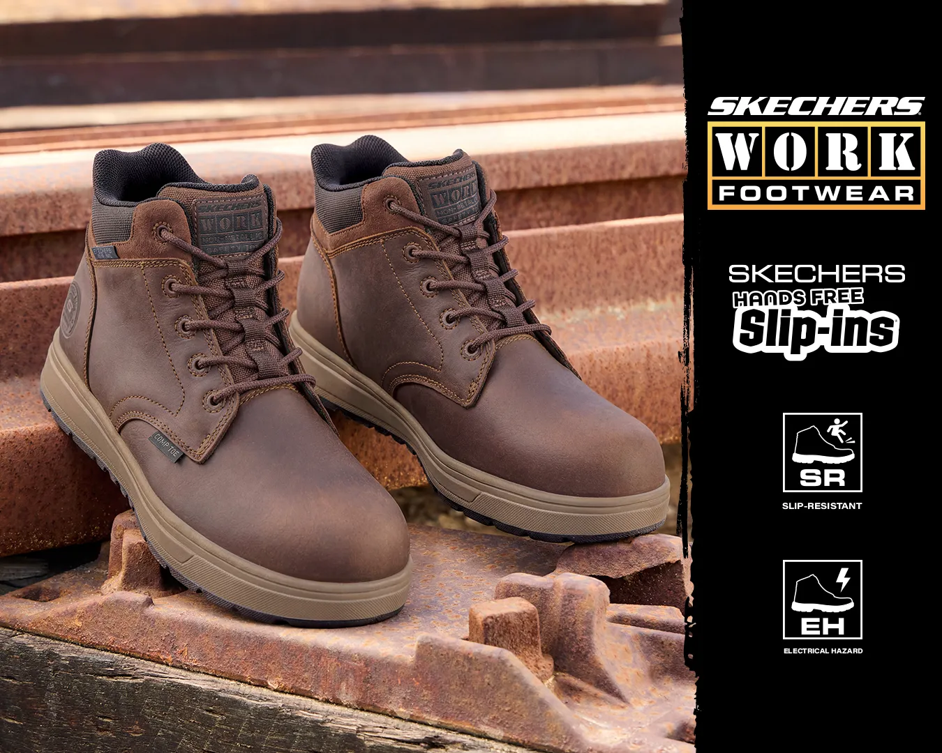 A hardworking professional on a construction site wearing Skechers safety toe work boots, with three pairs side by side — steel toe, composite toe, and alloy toe — displayed on a rugged industrial surface.