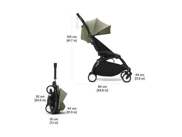 Infographic-style overhead view of YOYO3 stroller folded dimensions next to an airline overhead bin measurement guide