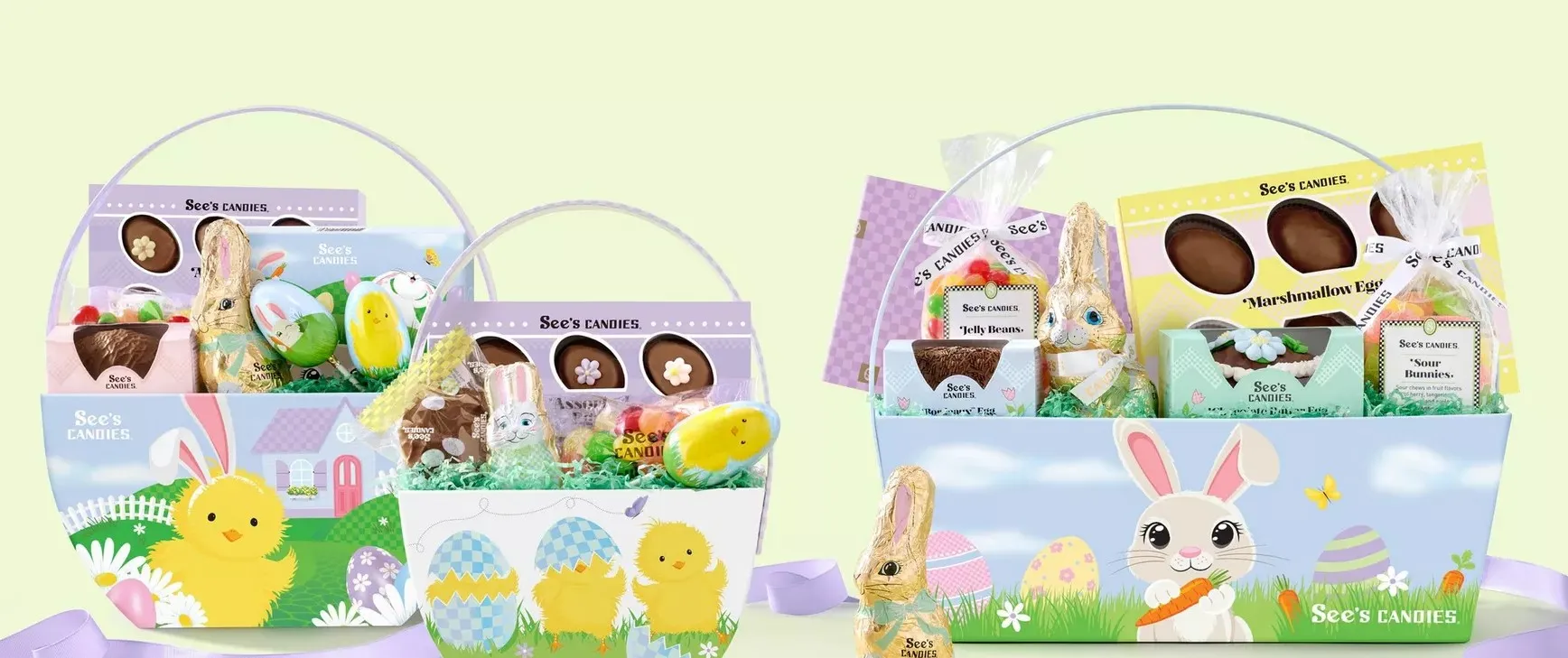 A beautifully arranged Easter gift basket overflowing with chocolate bunnies, colorful jelly beans, foil-wrapped eggs, and festive ribbons on a pastel spring background